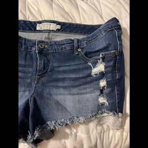 Torrid distressed jean shorty shorts with lace